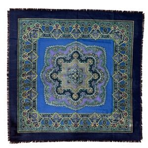 Blue Scarf square shaped patterned raw edges
